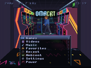 The home screen today: an aisle between two rows of lit arcade cabinets, the OmaCRT sign in neon on the far wall, a man walking in, and the menu in a window of dark glass.