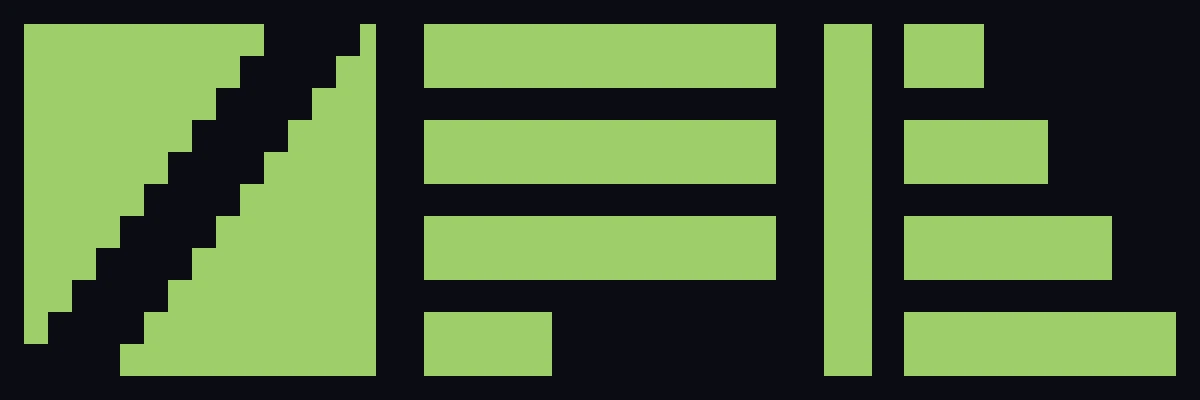 Three sketch directions: a filled raster with a staircase return, four bars with the last stopping mid scan, and a stepping ramp with a full height return stroke