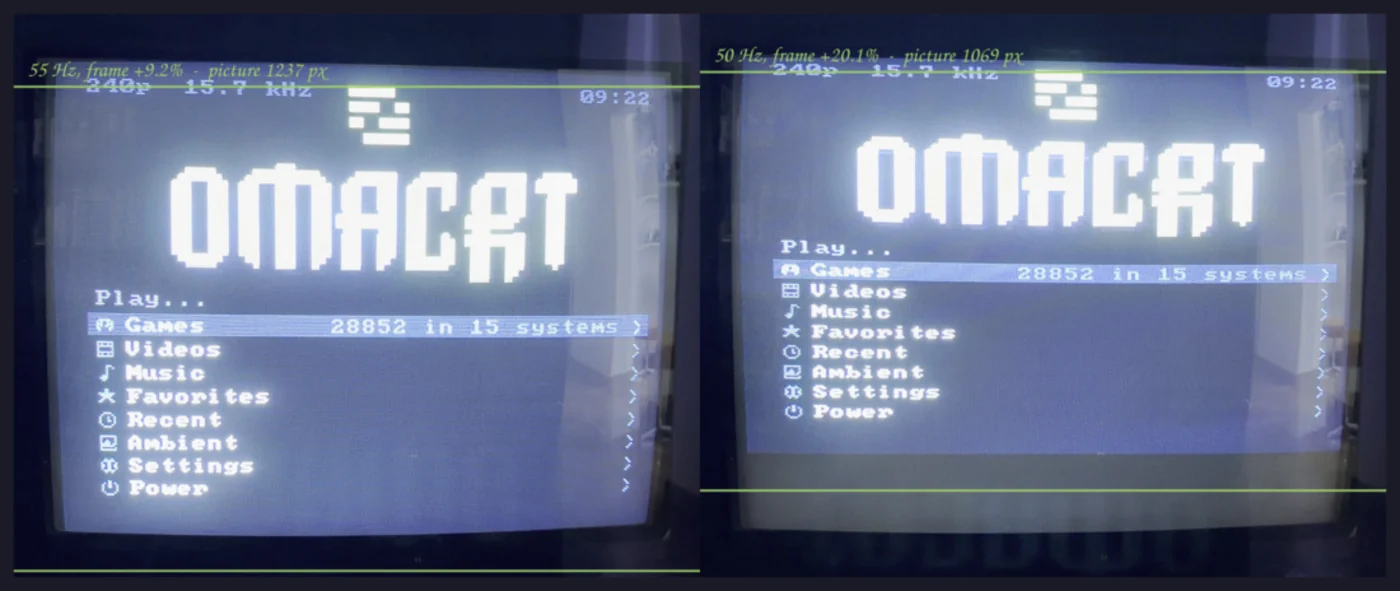 The same picture on the television at 55 Hz and at 50, side by side, with the lines the height was measured between drawn on: 1237 pixels tall at 55 and 1069 at 50
