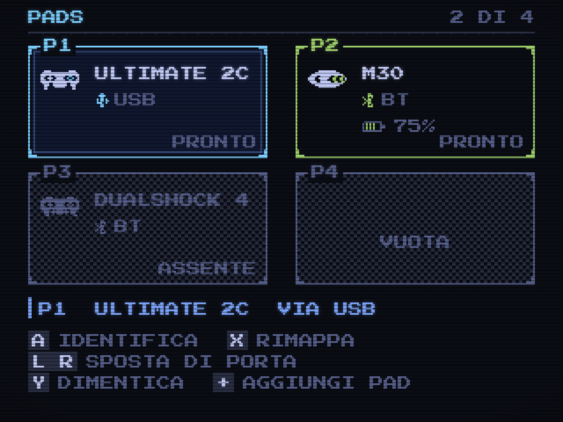 An export of the pads interface for the television. Two controllers are connected, a third is remembered but absent, and the fourth port is empty.