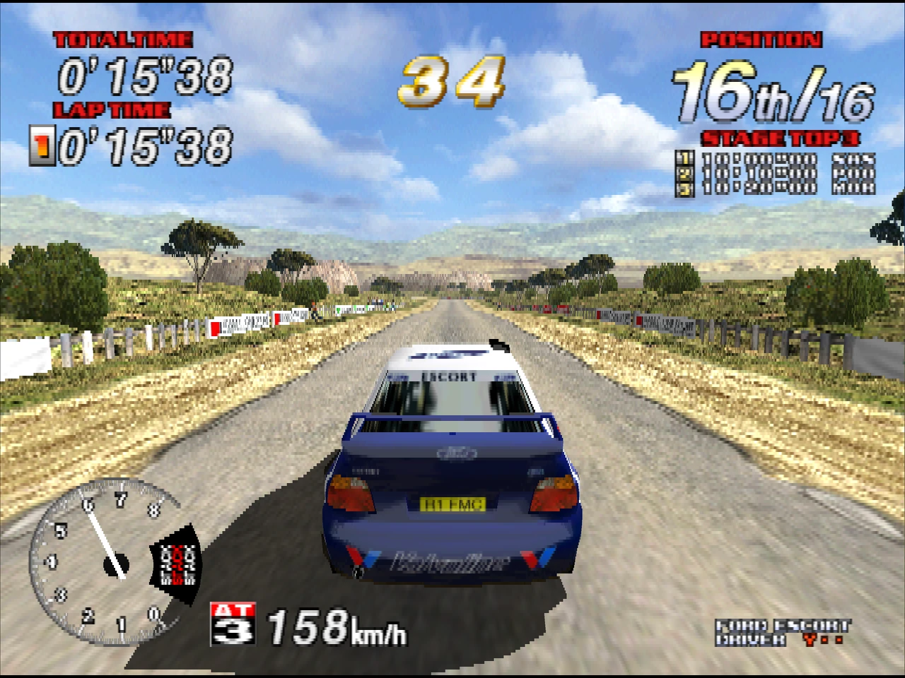 Sega Rally 2 on a dirt straight at 158 km/h, timer and position in the corners.