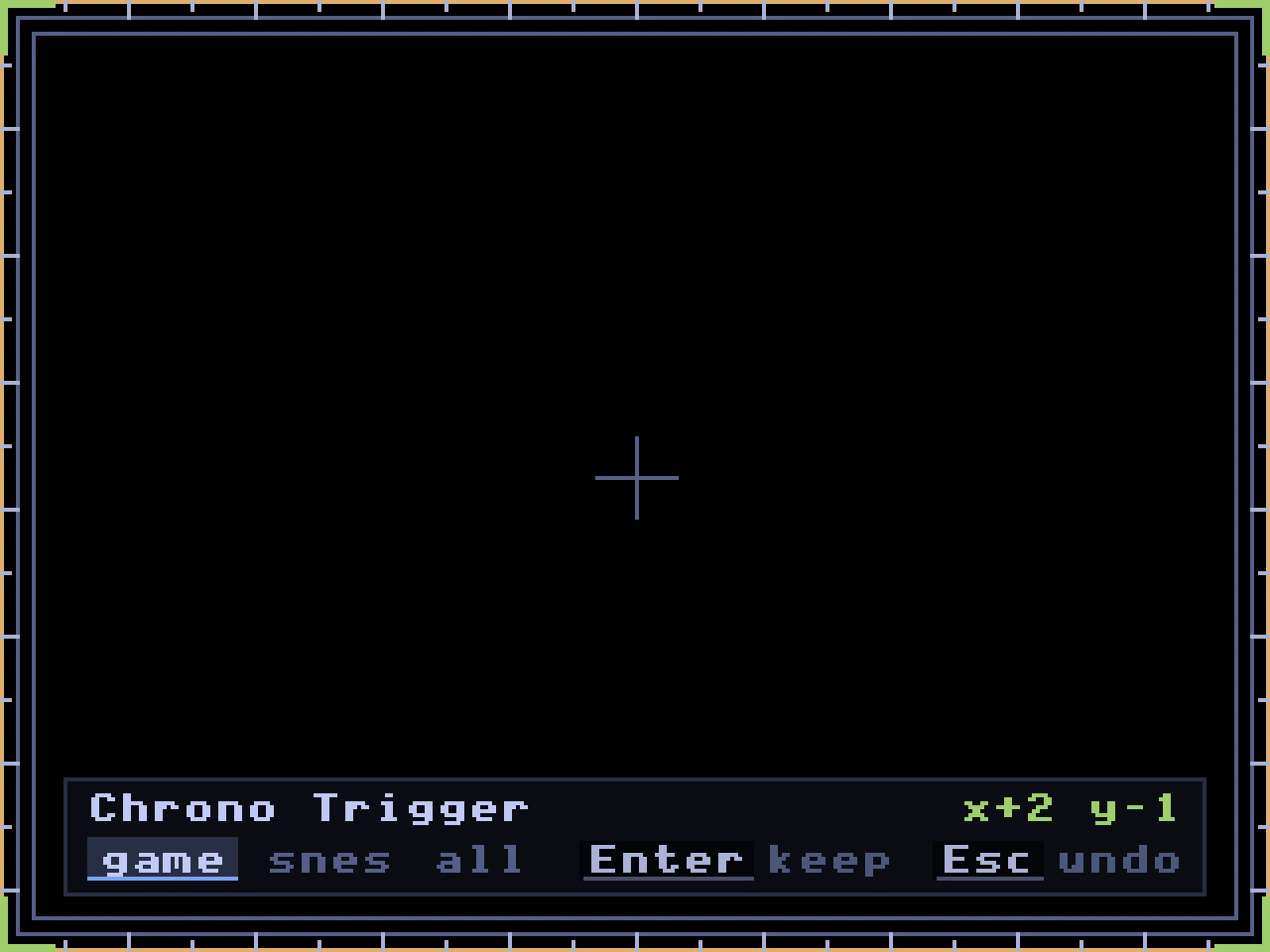 The centring page: nested frames at the edges of the screen, a cross in the middle and the game's position at the foot.