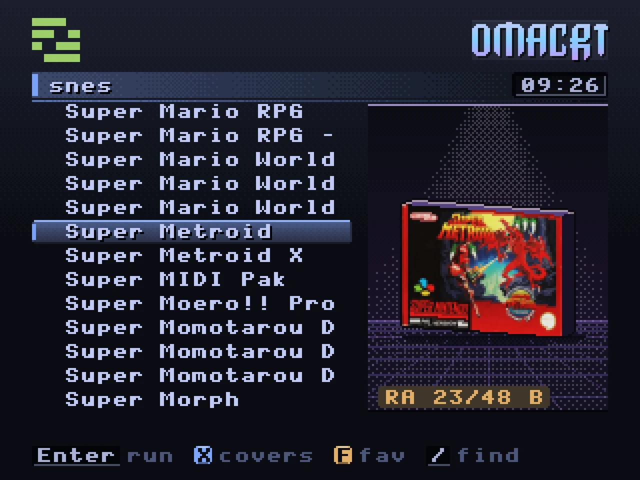 A SNES list with Super Metroid selected, its box on a lit stage and RA 23/48 B under it.