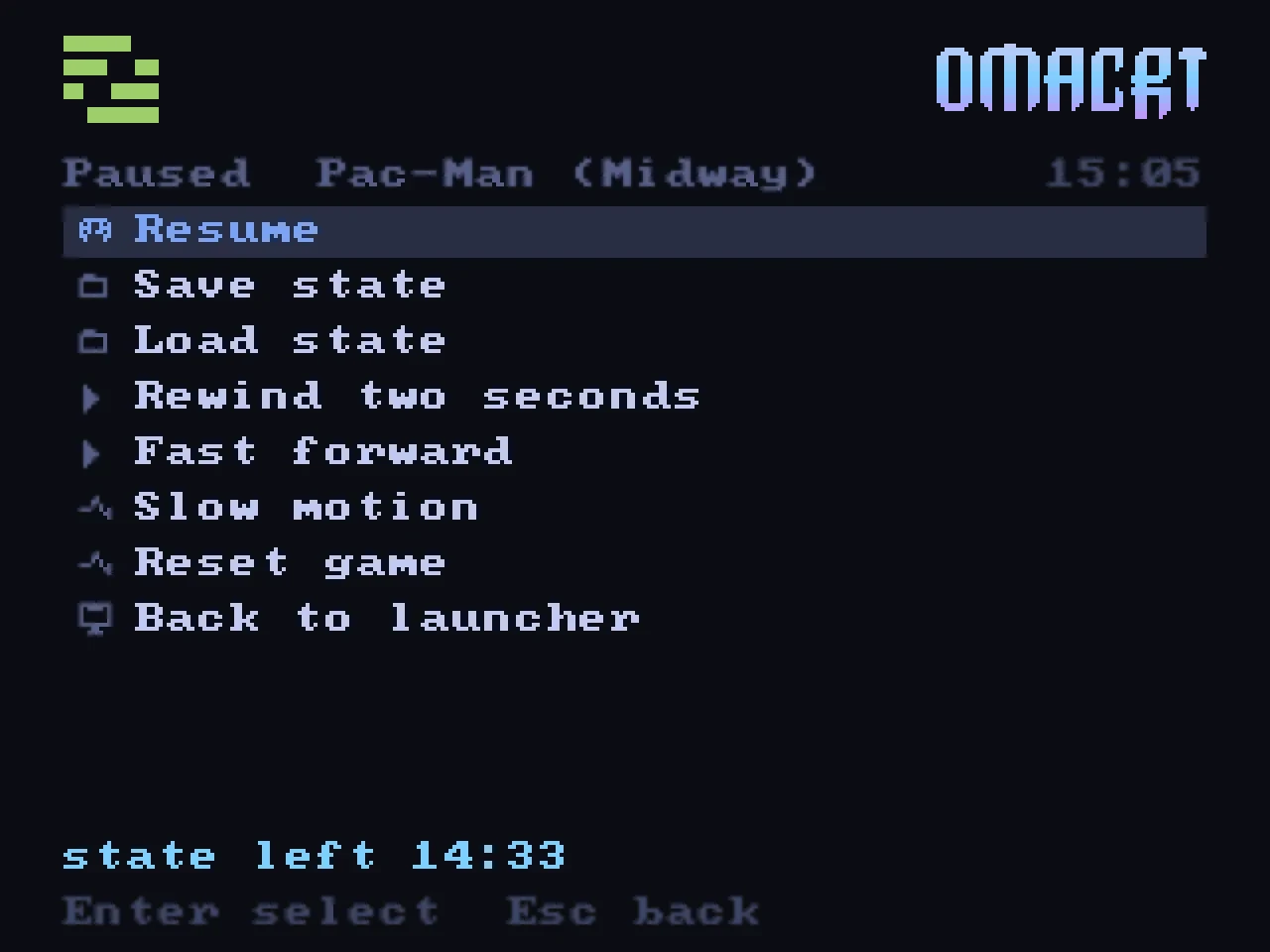 A pause menu over a game, listing save, load, rewind and slow motion.