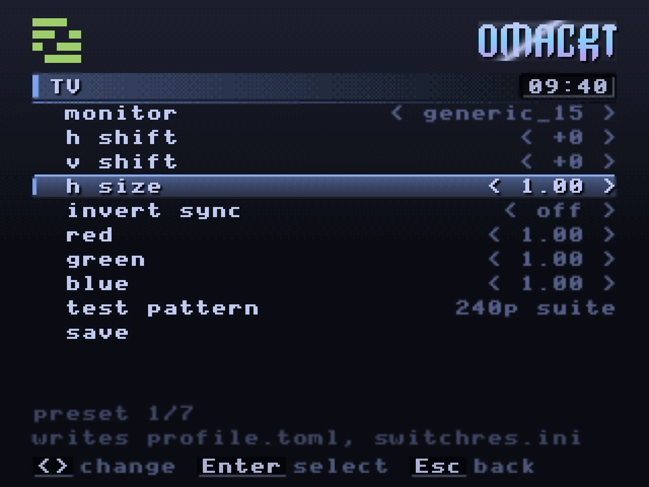 The TV page: monitor preset, horizontal and vertical shift, horizontal size, sync, and red, green and blue gains.