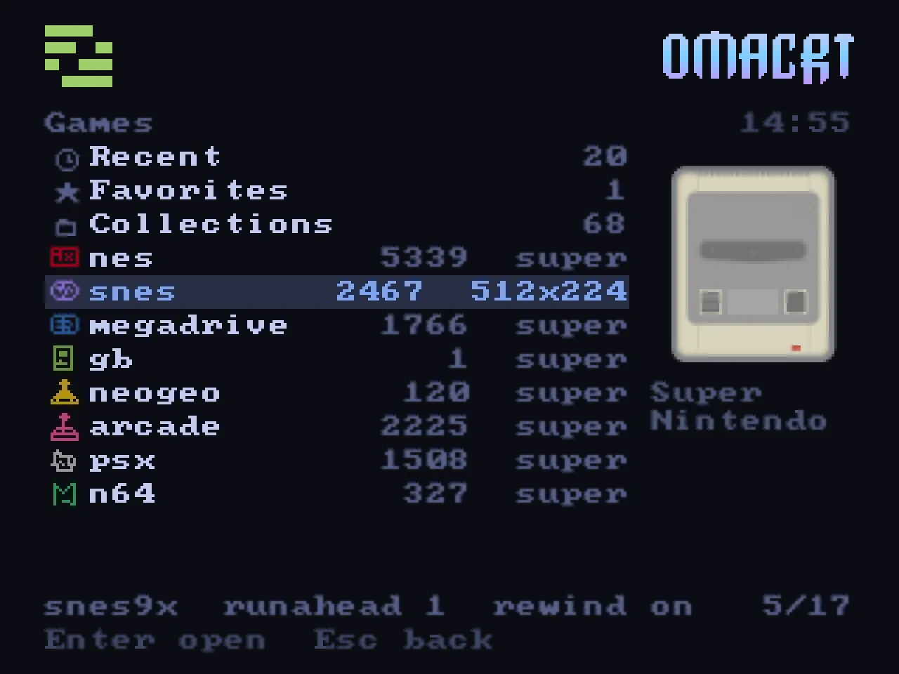 A list of consoles with the line mode beside each, and a drawn picture of the selected machine.